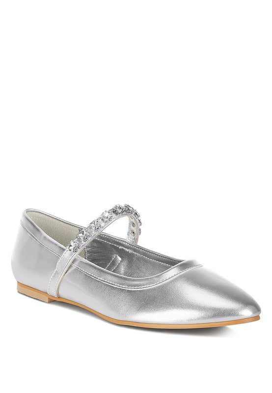 Gloxinia metallic silver Mary Jane flats with rhinestone strap and low heel