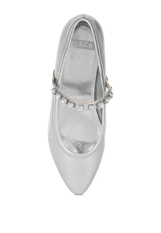 Gloxinia metallic silver Mary Jane flats, top strap with rhinestone trim