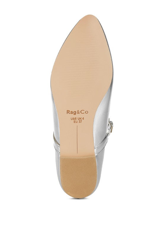 Metallic silver Mary Jane outsole view with size markings inside shoe