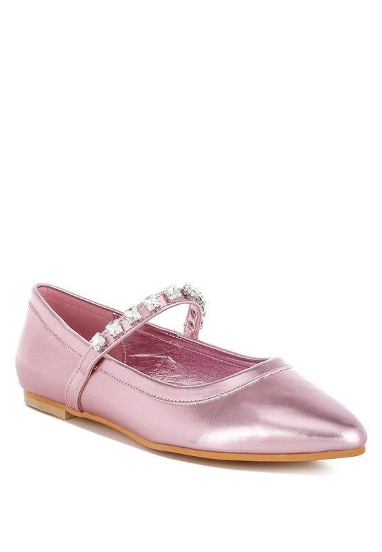 Gloxinia metallic pink Mary Jane flats with rhinestone T-strap and low heel