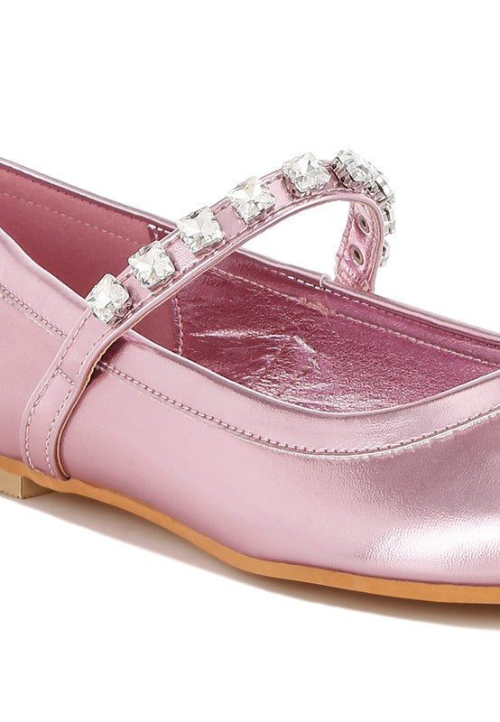 Gloxinia metallic pink Mary Jane flats, close-up of rhinestone strap and toe seam