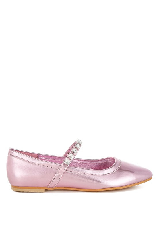 Gloxinia metallic pink Mary Jane flats, side view with rhinestone strap and tan sole