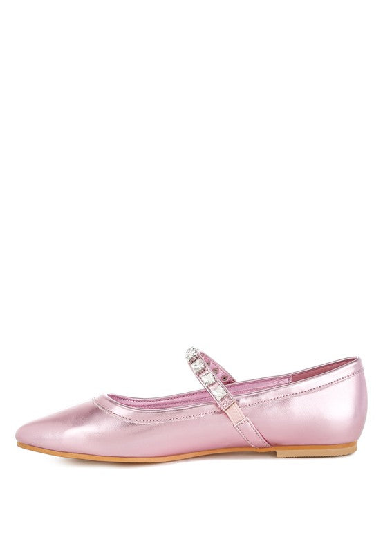 Gloxinia metallic Mary Janes, rosa mit Strassriemen und flachem Absatz