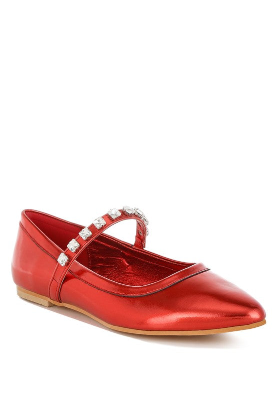 Gloxinia metallic Mary Janes, rot mit Strassbesatz am Riemen und flachem Absatz