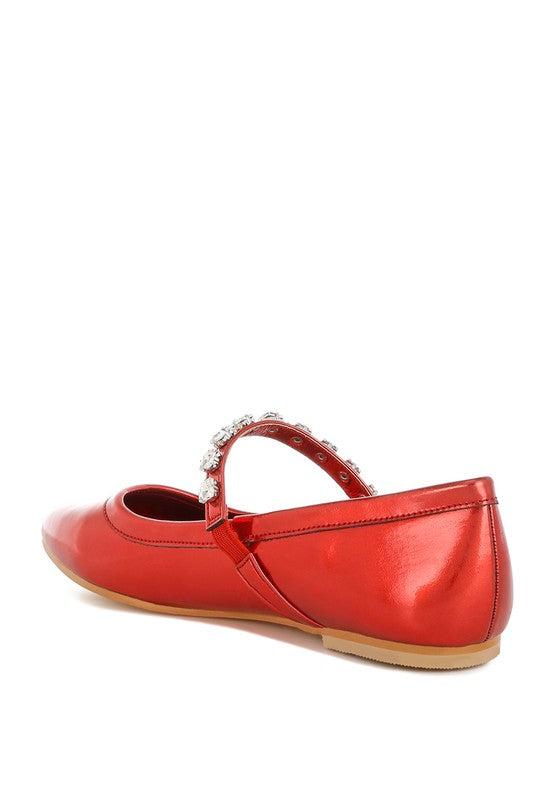 Gloxinia metallic Mary Janes, rot, seitliche Ansicht mit Strassriemen