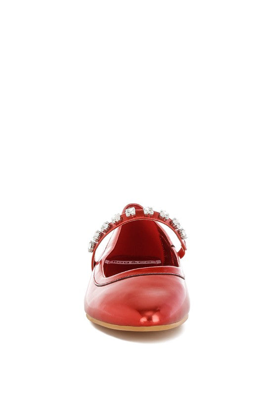 Gloxinia metallic Mary Janes, rot, Rückansicht mit Strassriemen