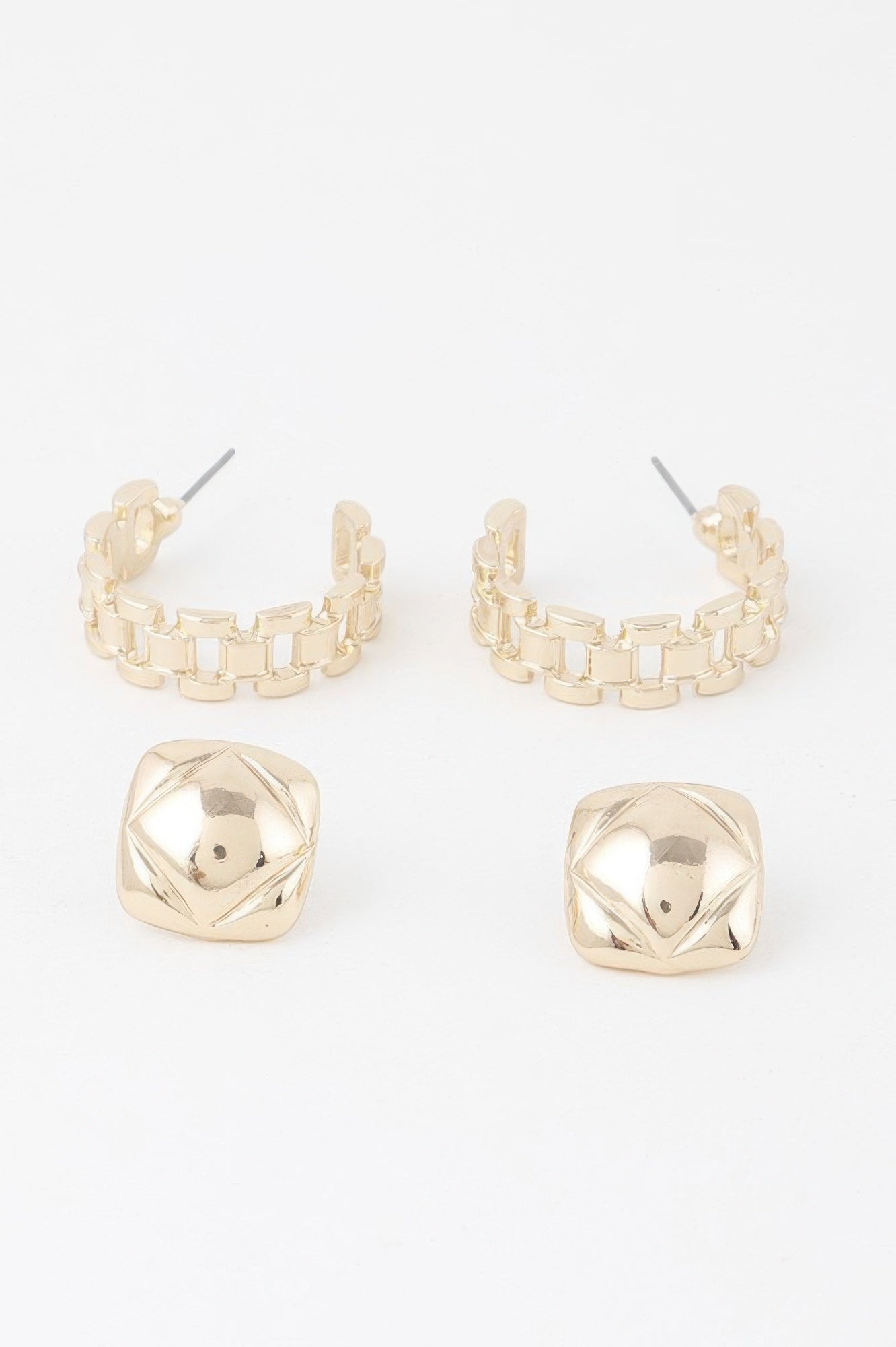 Gold link cuff earrings set with square studs and chunky chain-like cuff hoops