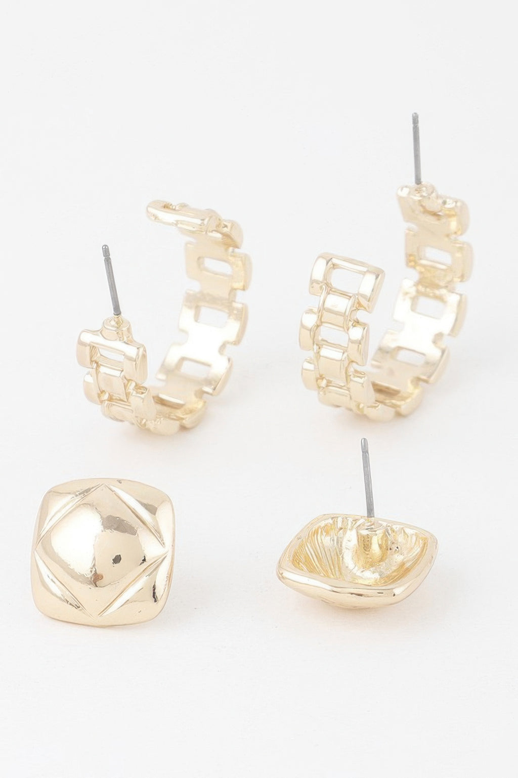 Gold link cuff earrings set: linked hoop cuffs and matching square stud earrings