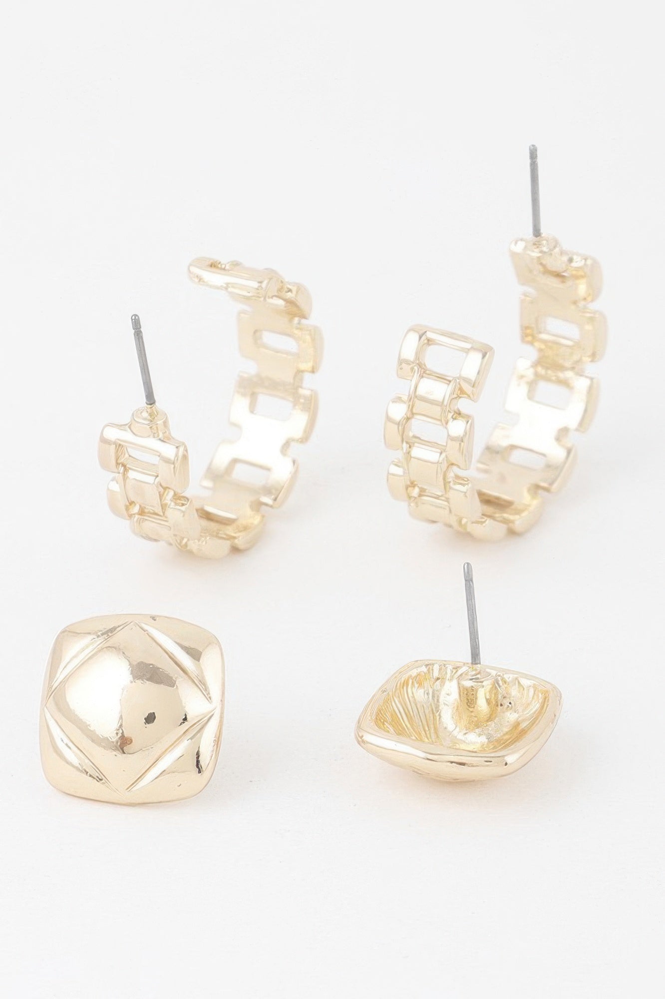 Gold link cuff earrings set: linked hoop cuffs and matching square stud earrings