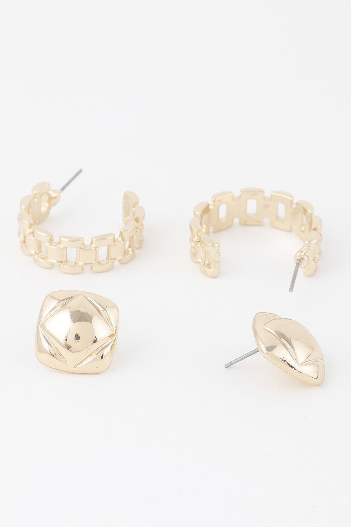 Gold link cuff earrings set with two linked cuff hoops and two square stud tops