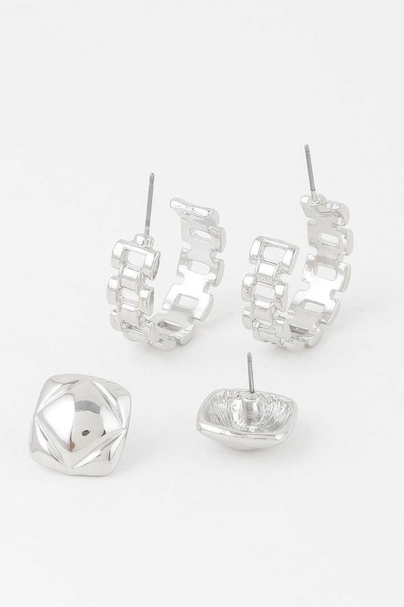 Silver link cuff earrings set with square stud earrings and linked cuff hoop designs