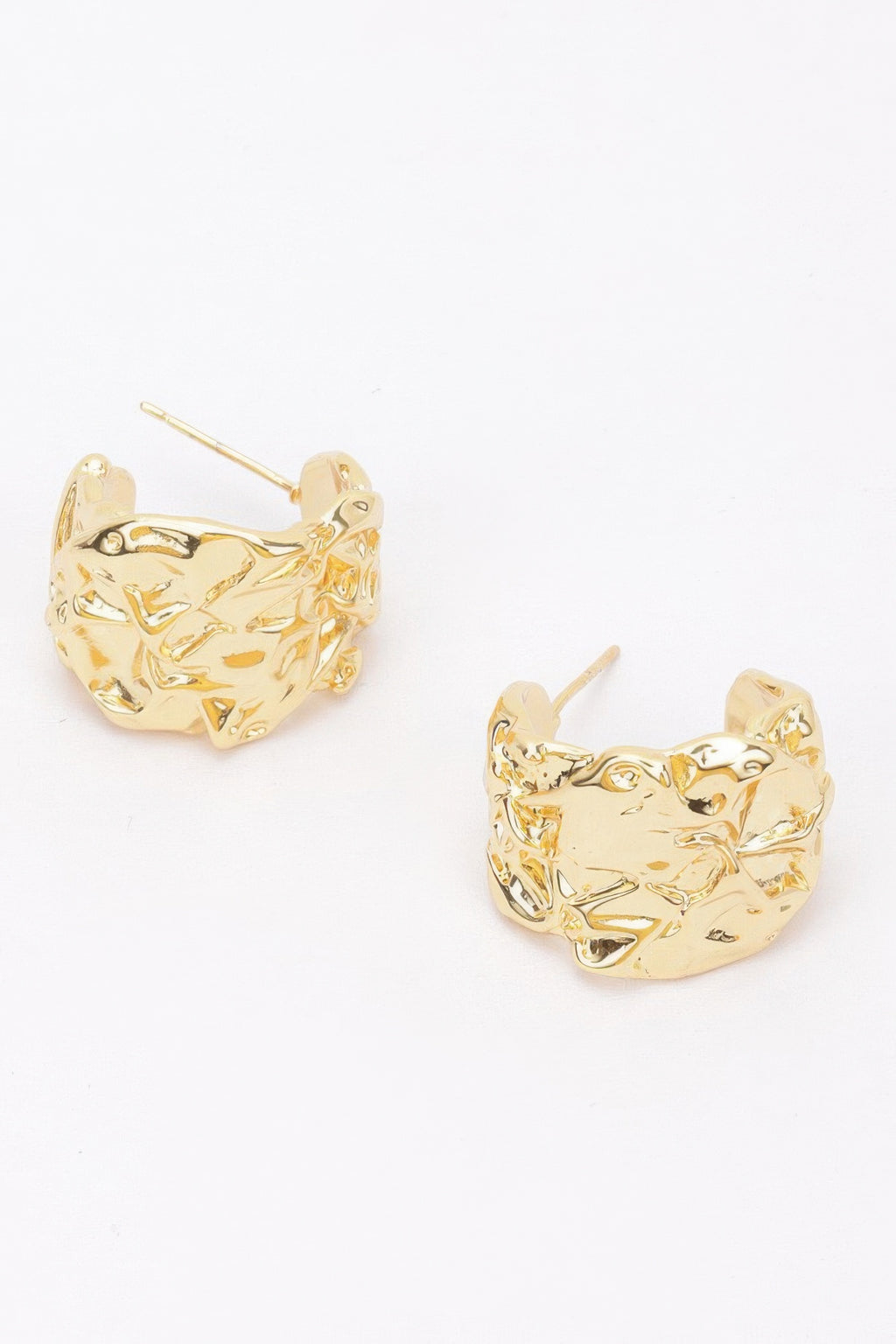 Gold-plated metal earrings, textured crescent hoops with thin post back