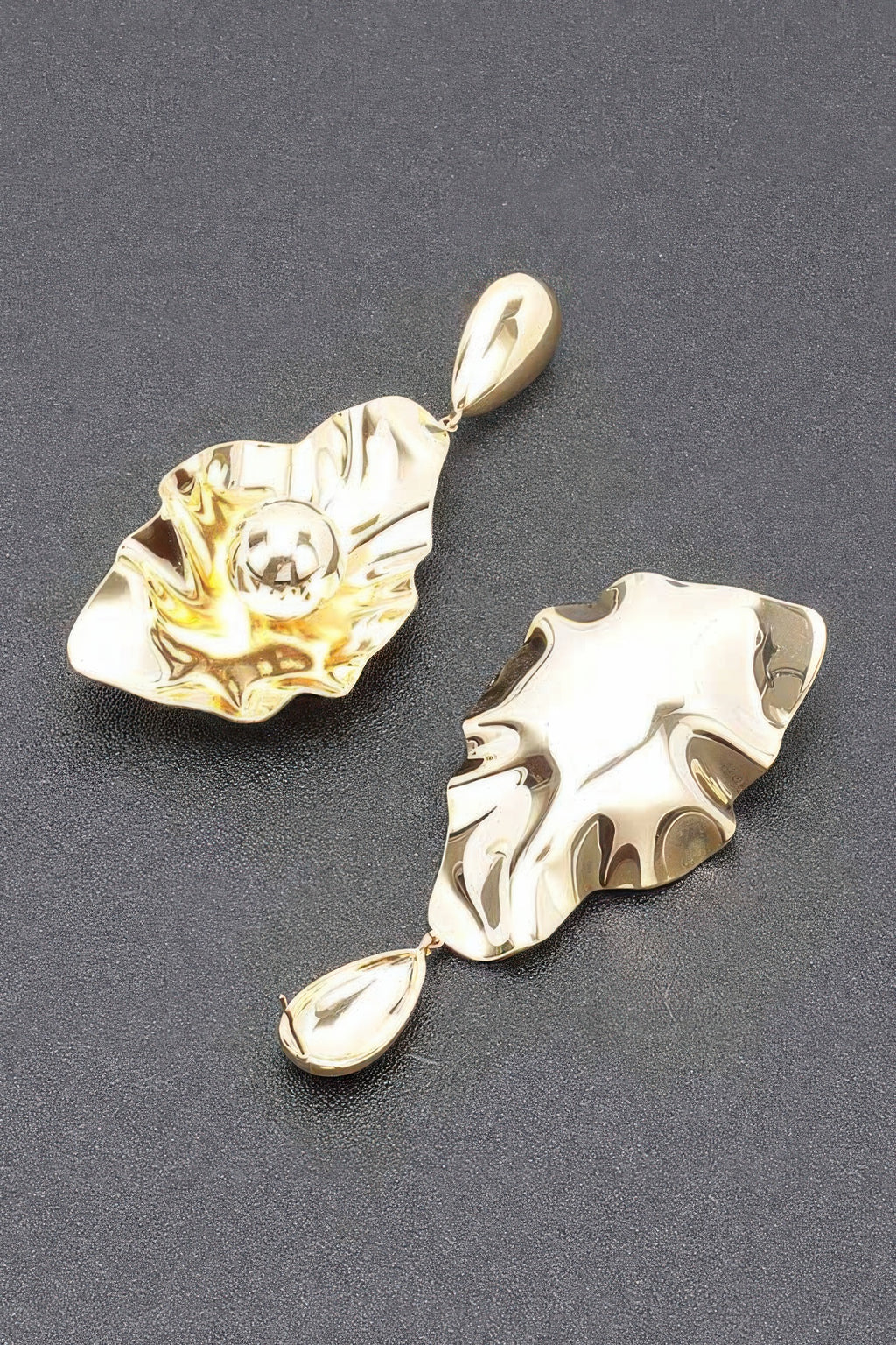 Gold-plated metal earrings, mirrored leaf panels with round center and small oval drop