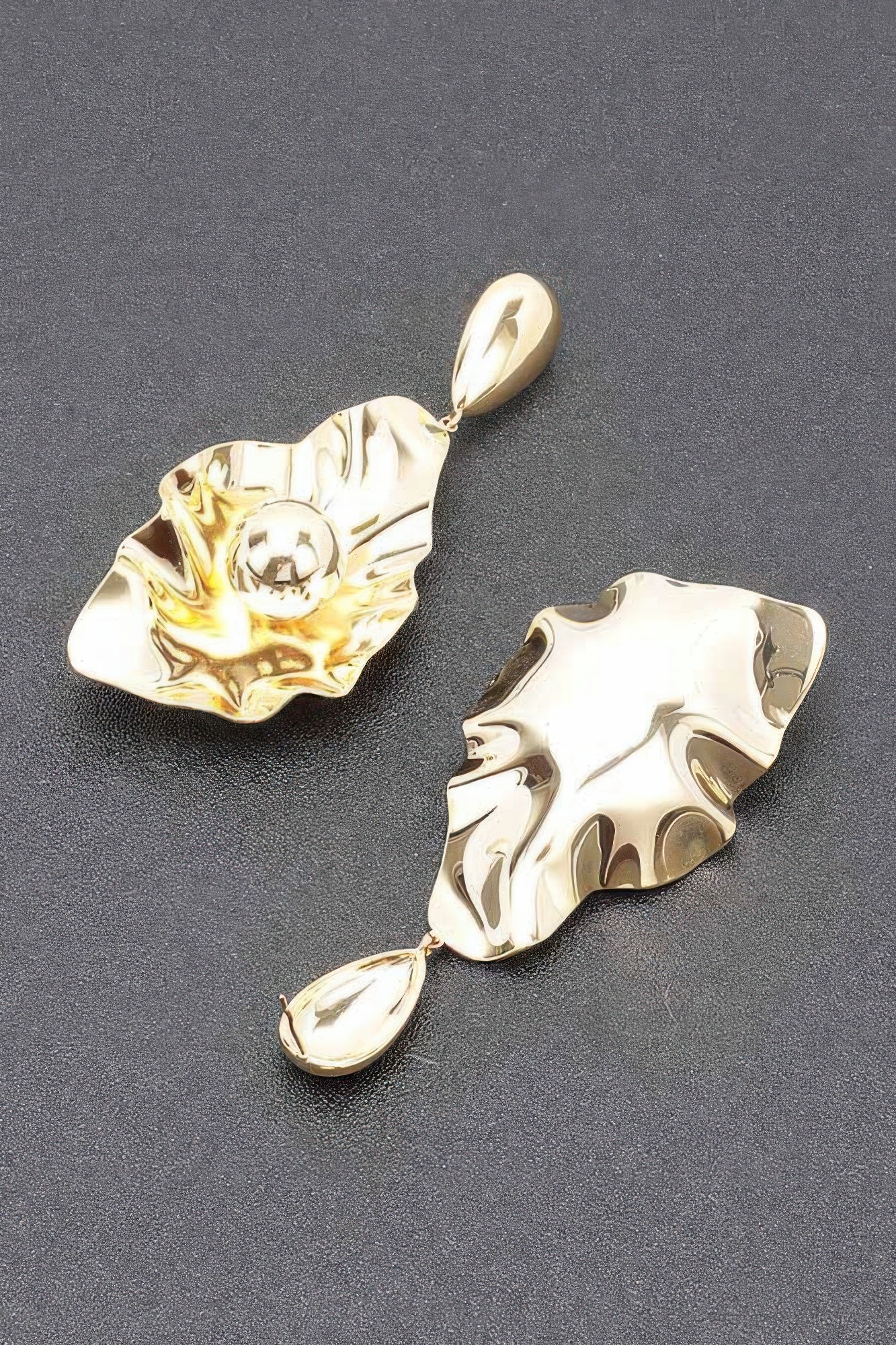 Gold-plated metal earrings, mirrored leaf panels with round center and small oval drop