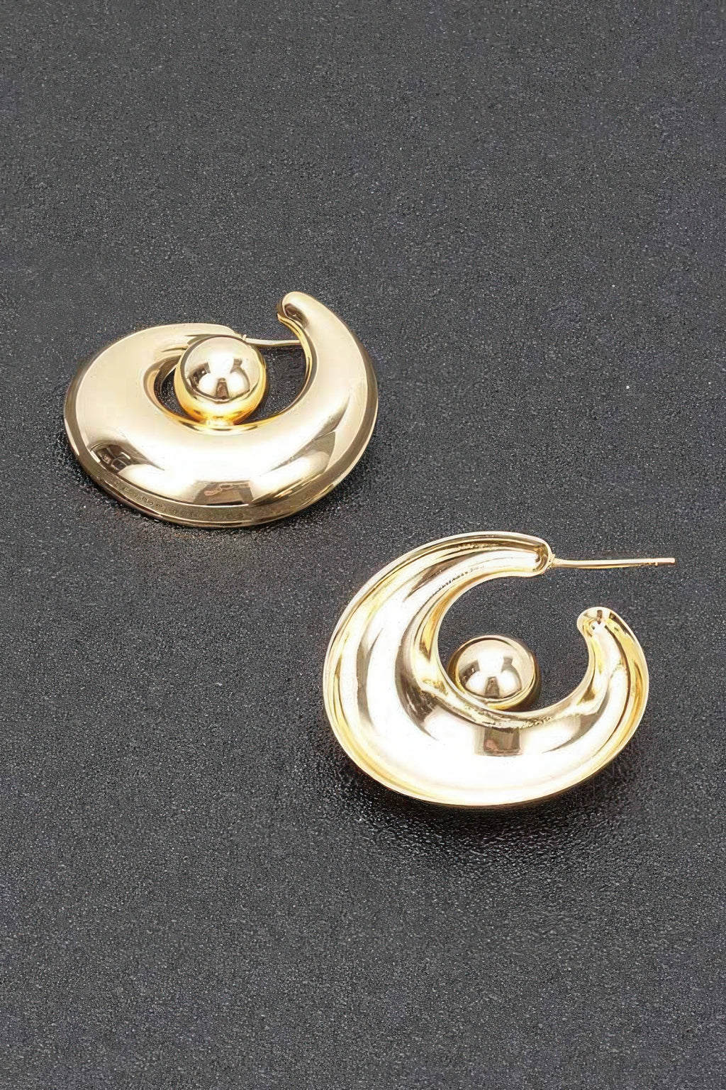 Gold hoop earrings, curved clasp style, ball stud at center