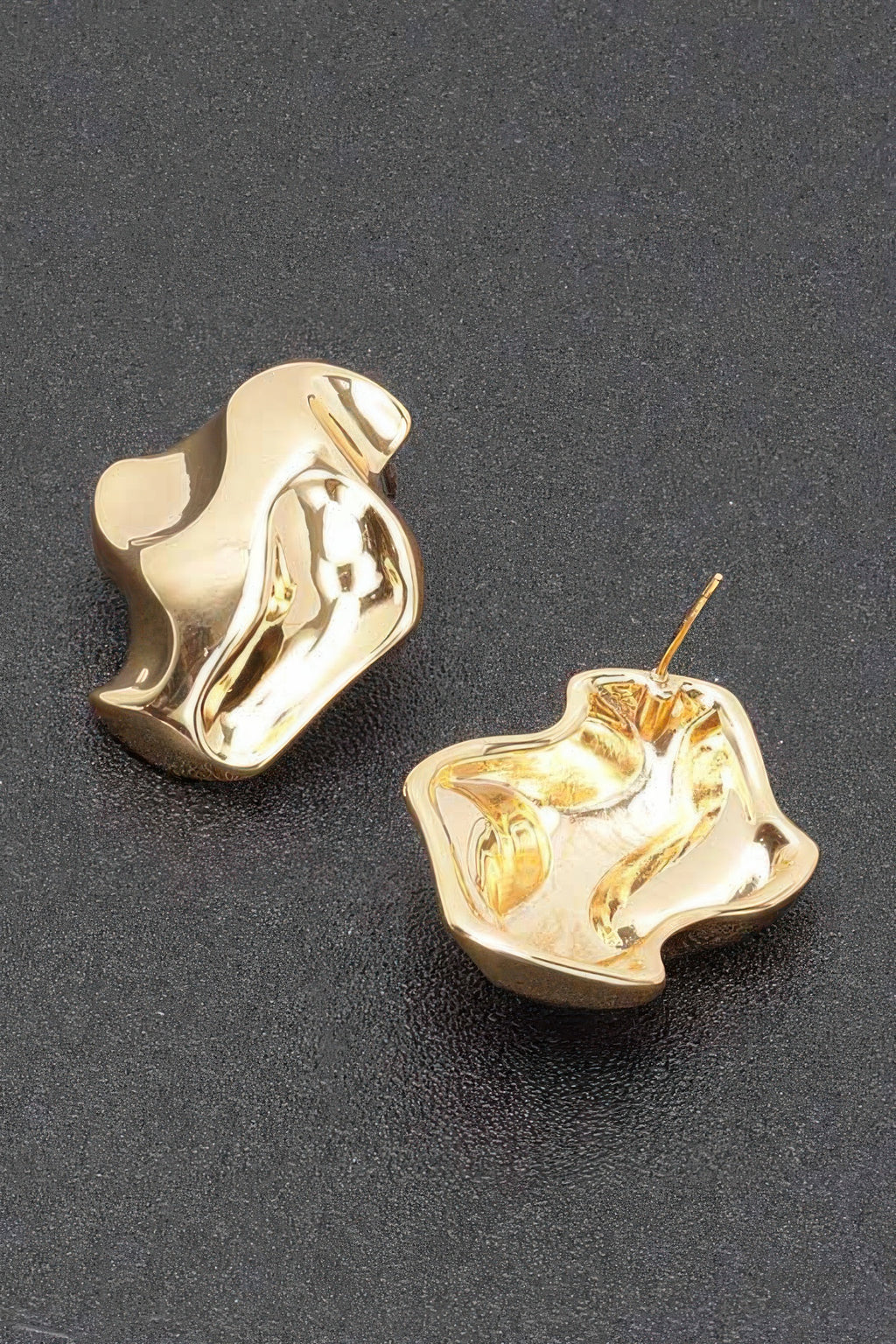 Gold plated metal earrings with stud post, wavy heart-cuff shape
