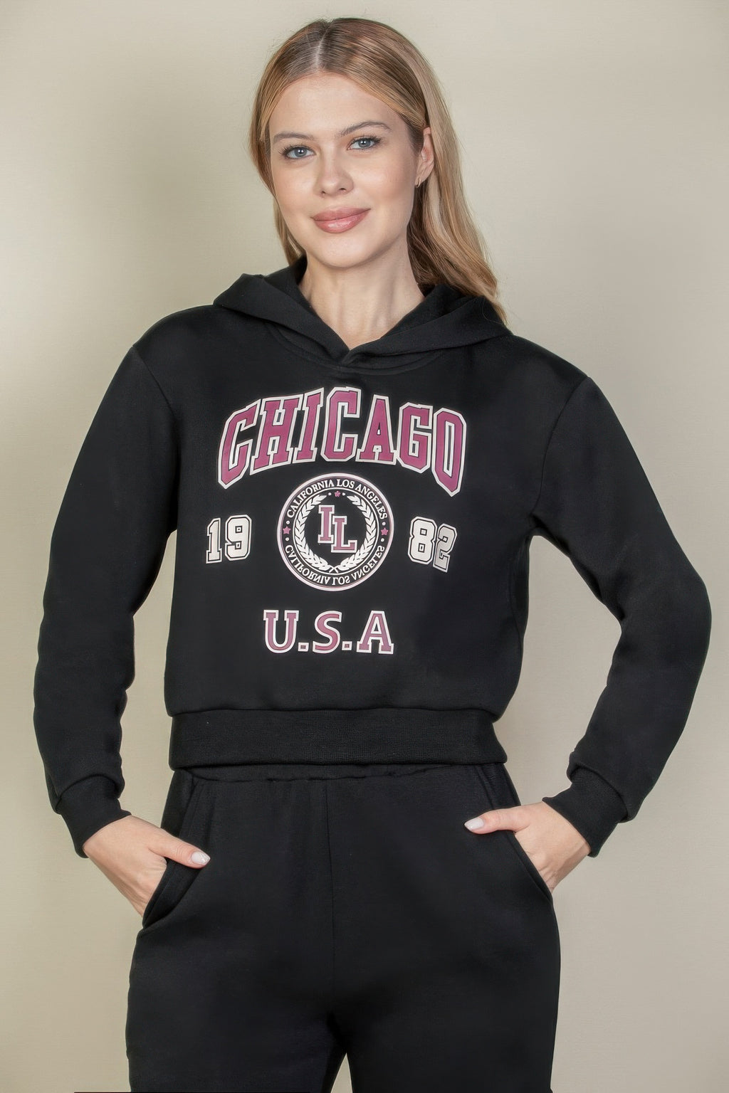 Graphic drop-shoulder pull-over hoodie, black with Chicago U.S.A. front print