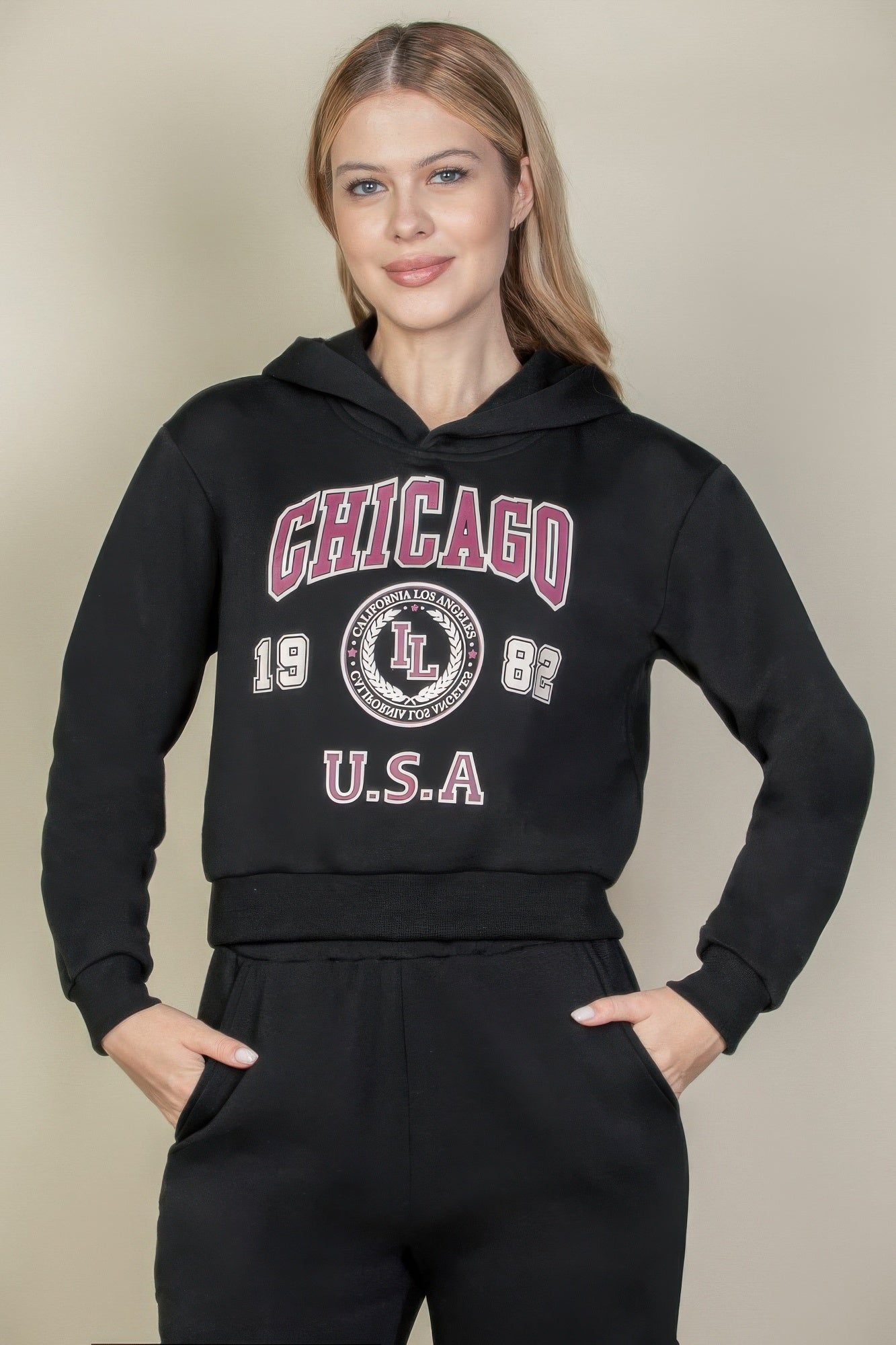 Graphic drop-shoulder pull-over hoodie, black with Chicago U.S.A. front print