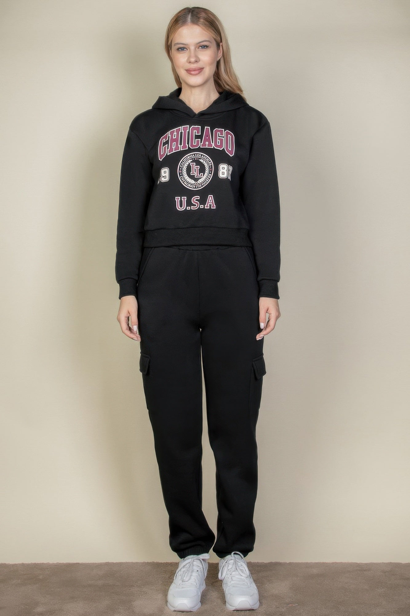 Black graphic hoodie with Chicago emblem and U.S.A. lettering at the chest