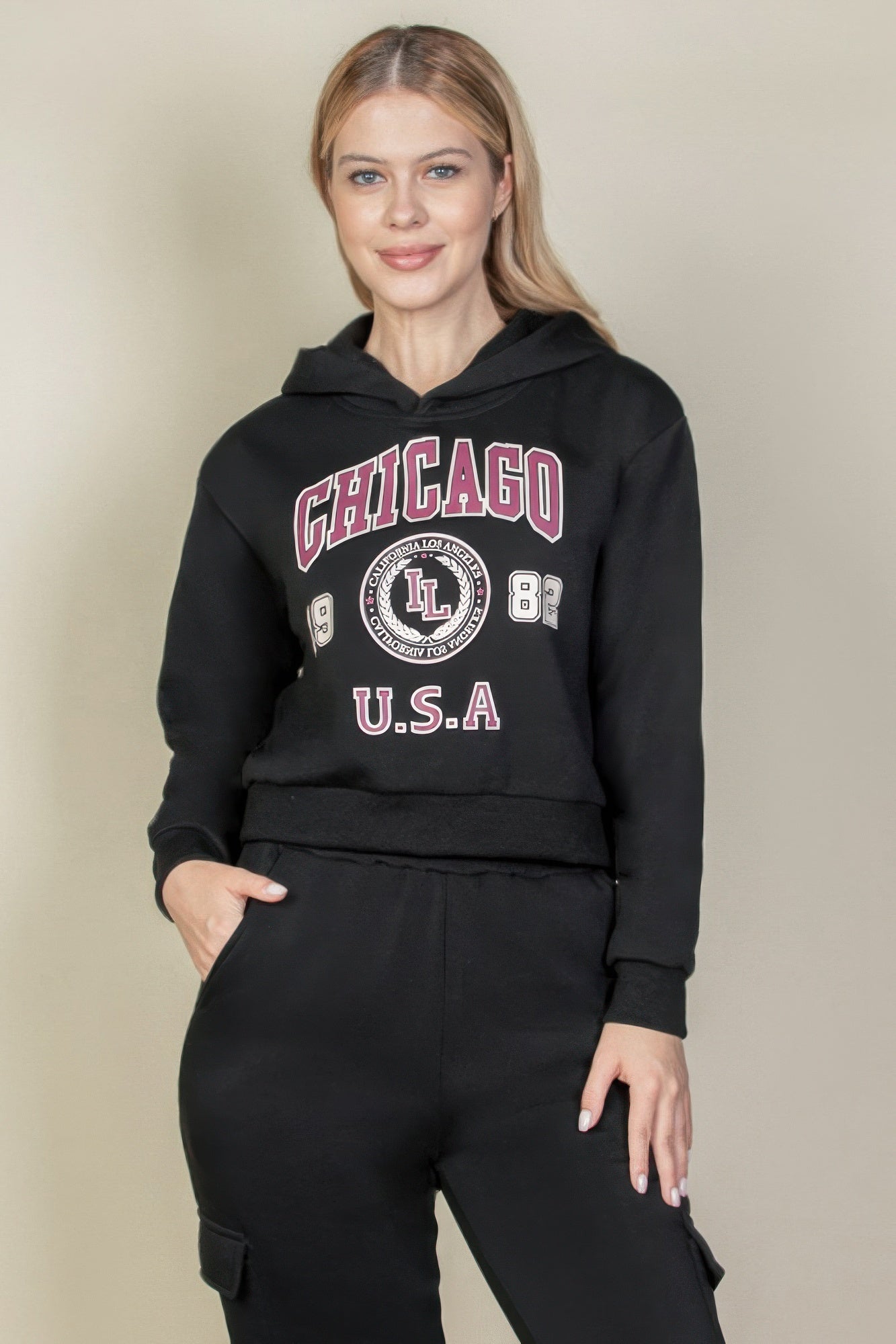 Front view of black graphic hoodie with Chicago 19 82 and U.S.A. print