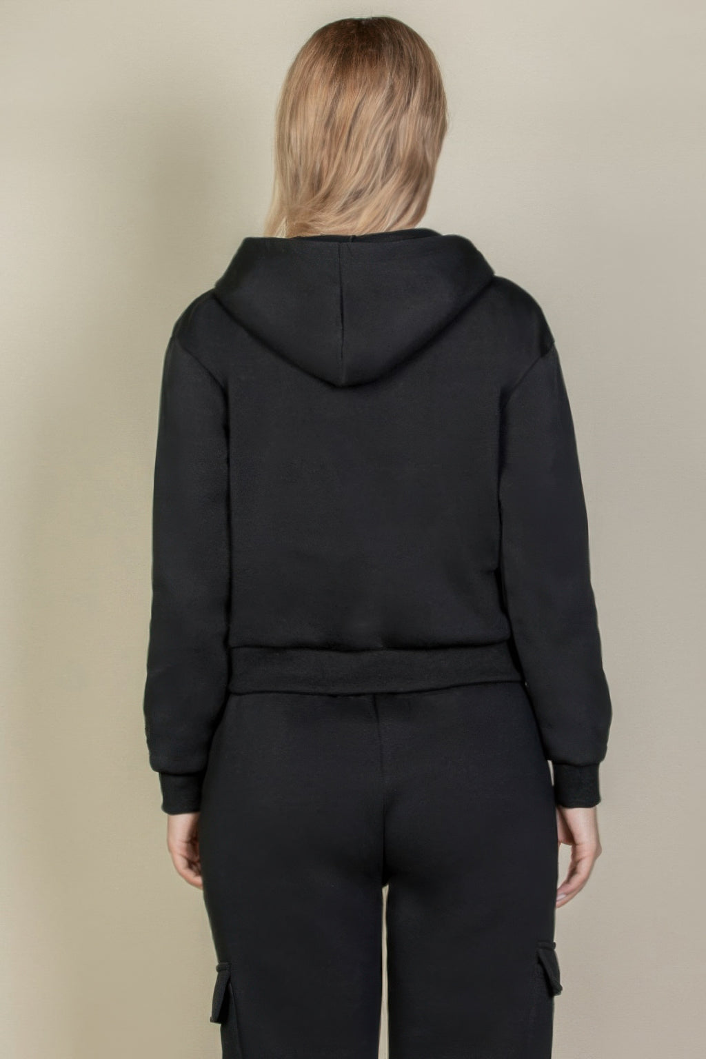 Black drop-shoulder hoodie with hood and plain back