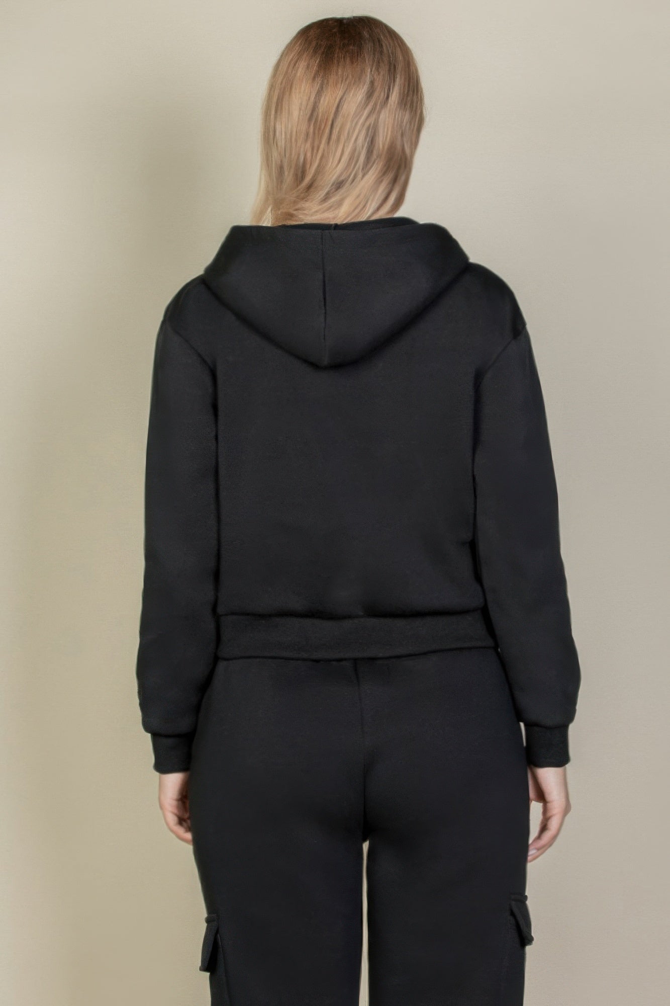 Black drop-shoulder hoodie with hood and plain back