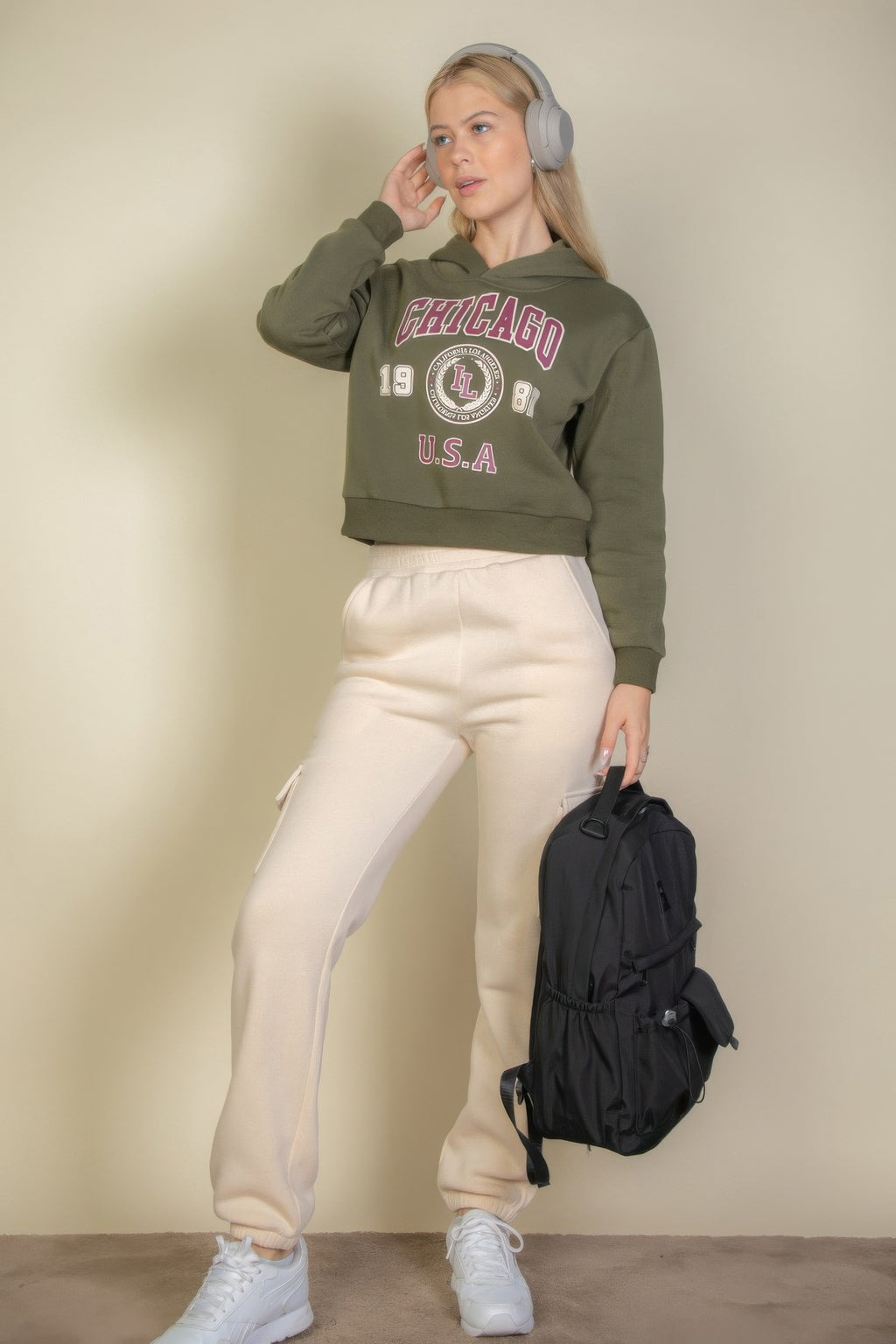 Olive graphic hoodie with Chicago emblem and U.S.A. lettering across the chest