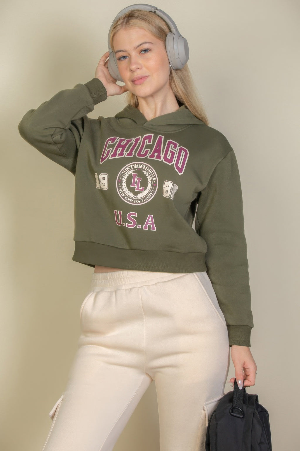 Olive pull-over hoodie with Chicago U.S.A. graphic on the front