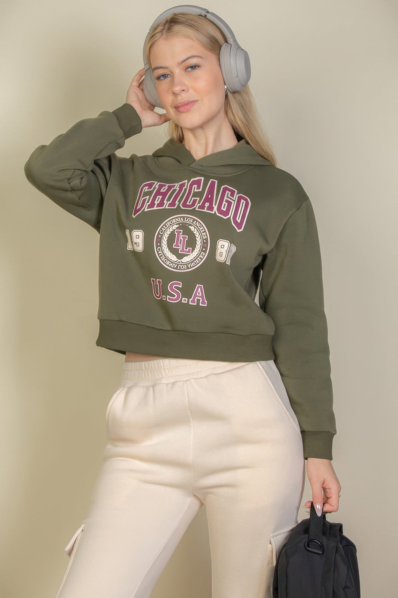 Olive pull-over hoodie with Chicago U.S.A. graphic on the front
