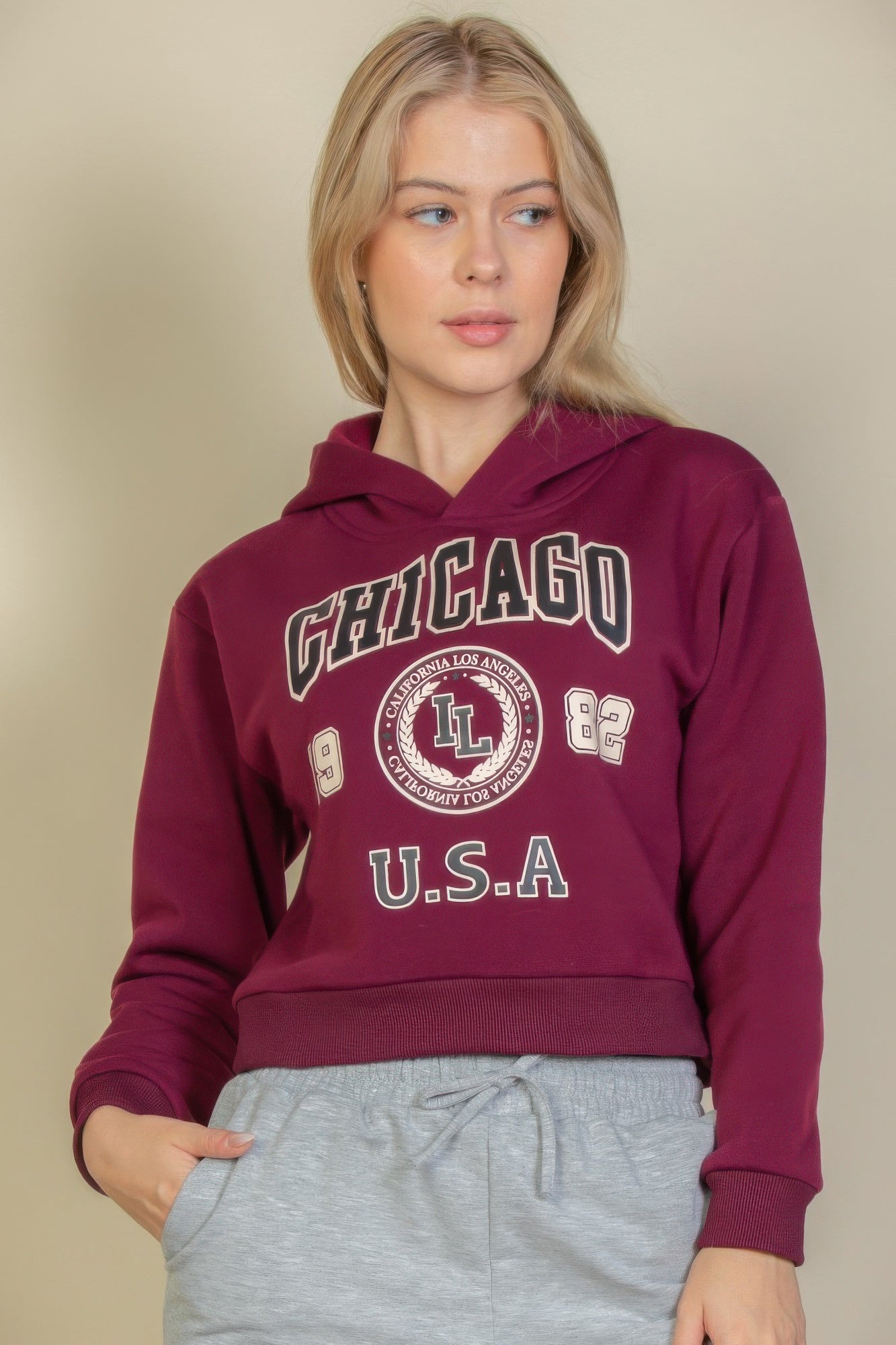 Burgundy Grafik-Hoodie mit U.S.A.-Print, Drop-Shoulder, Kängurutasche
