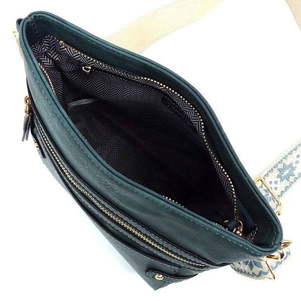 Teal crossbody bag open view showing interior lining and zipper closure