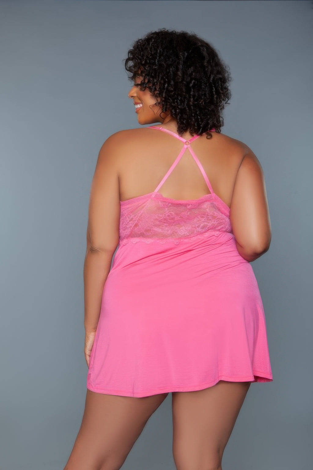 Hailee slip coral-pink back view with crisscross straps and lace upper panel