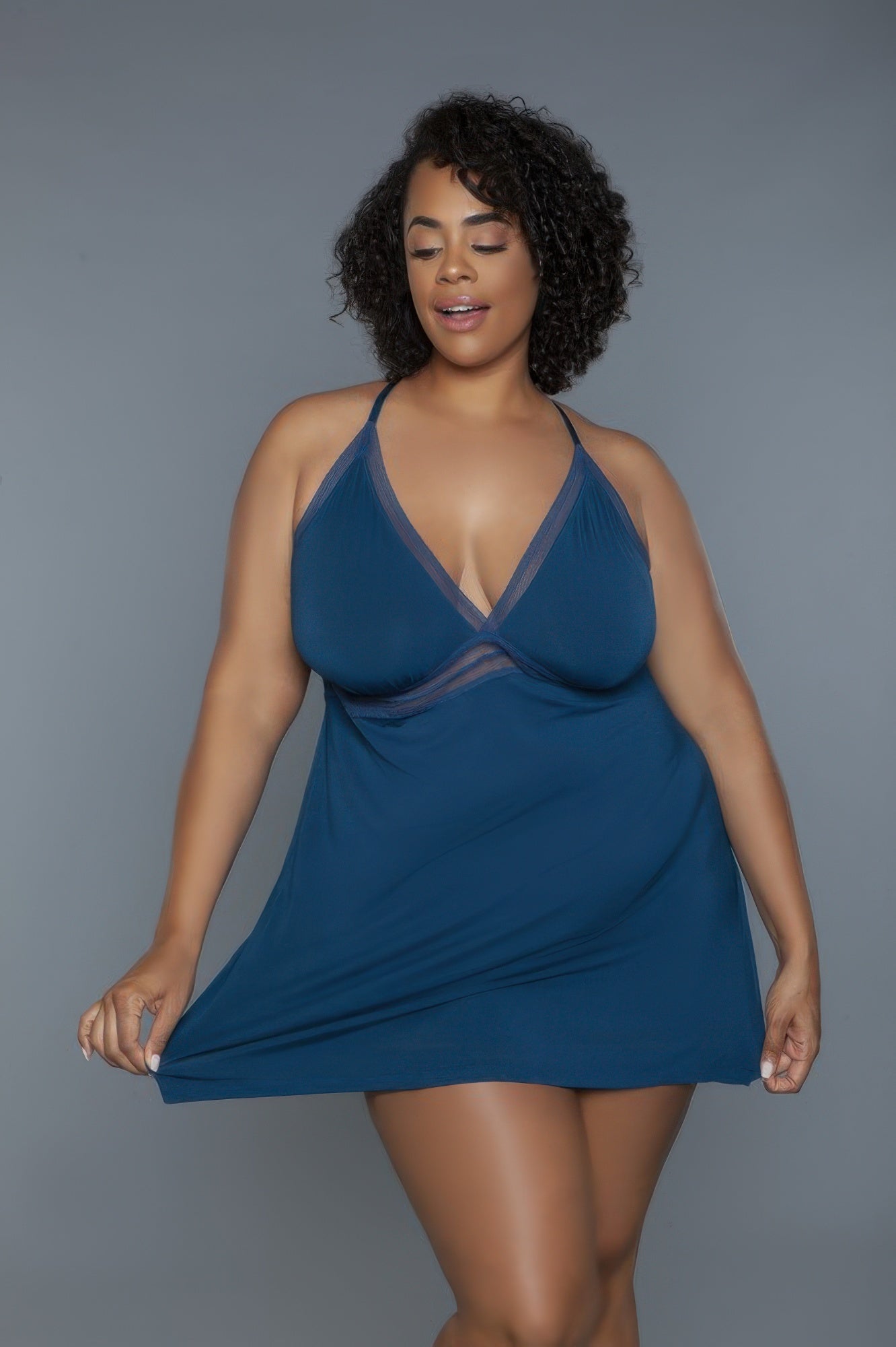 Hailee slip deep royal blue mini dress with V-neck, spaghetti straps, lace under-bust