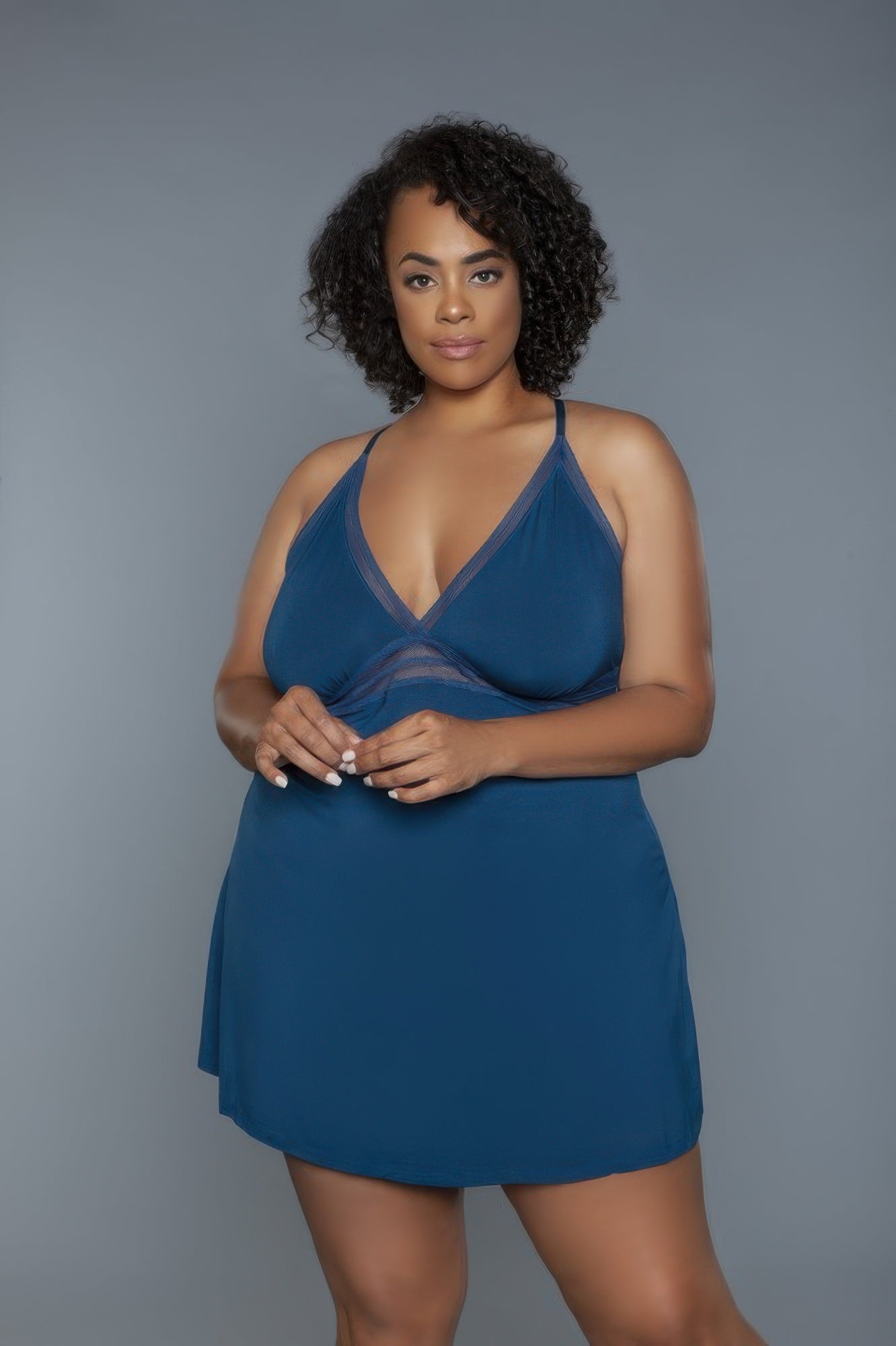 Hailee slip deep blue chemise with V-neckline and draped fabric front