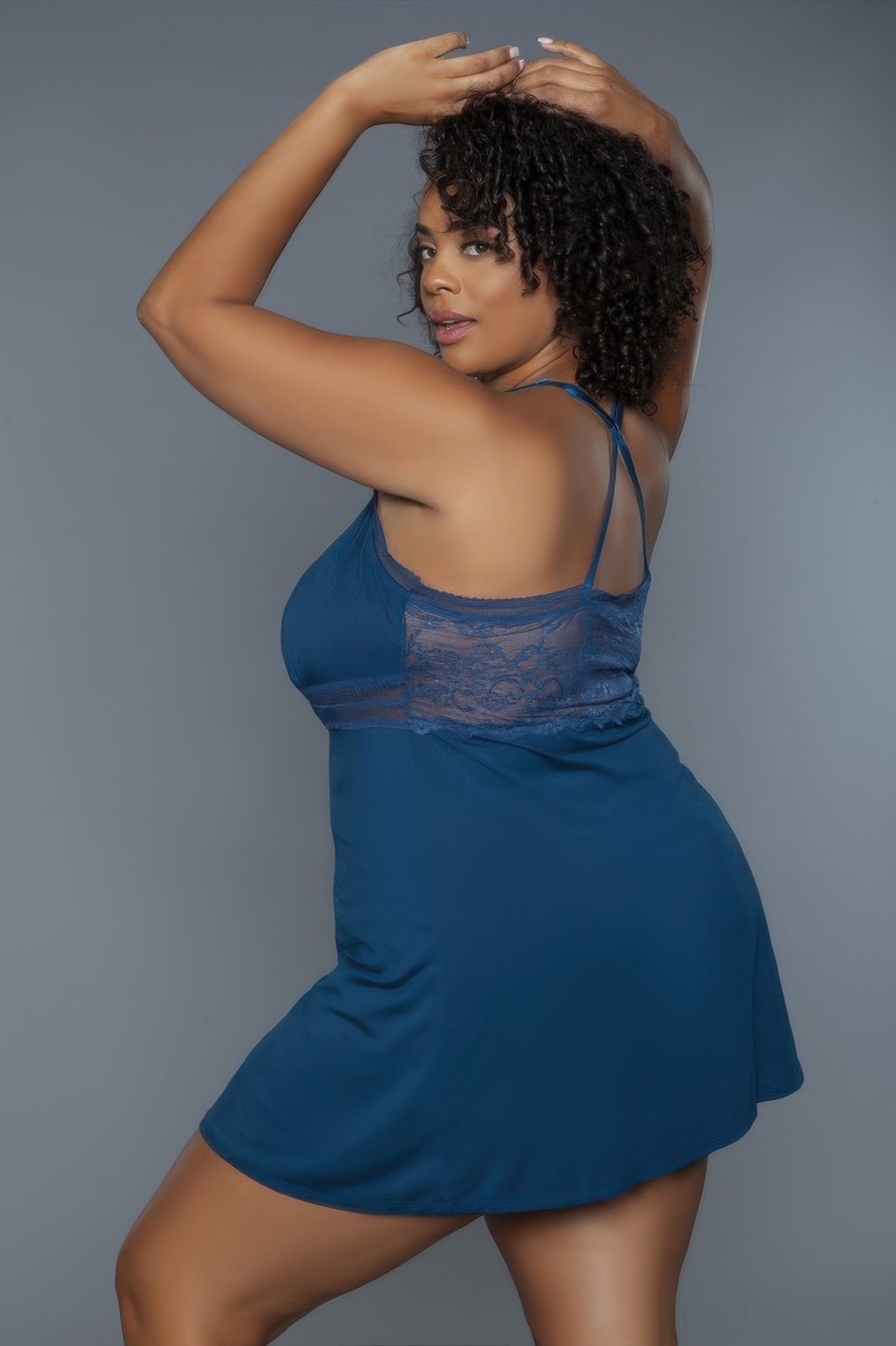 Hailee slip deep blue mini with lace chest panel and spaghetti tie-back straps