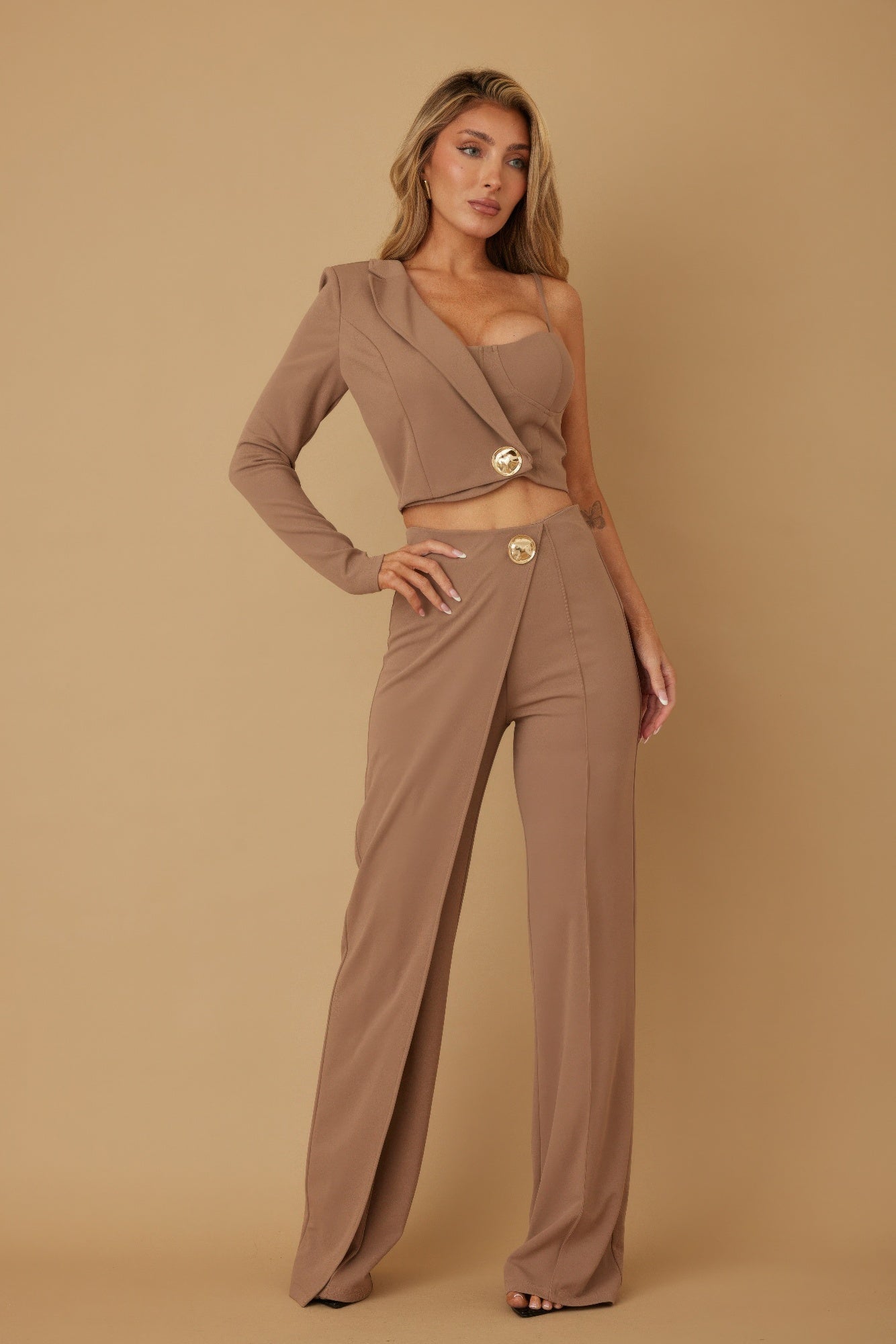 Mocha half sleeve two-piece set with one-shoulder top, gold buttons, flared trousers