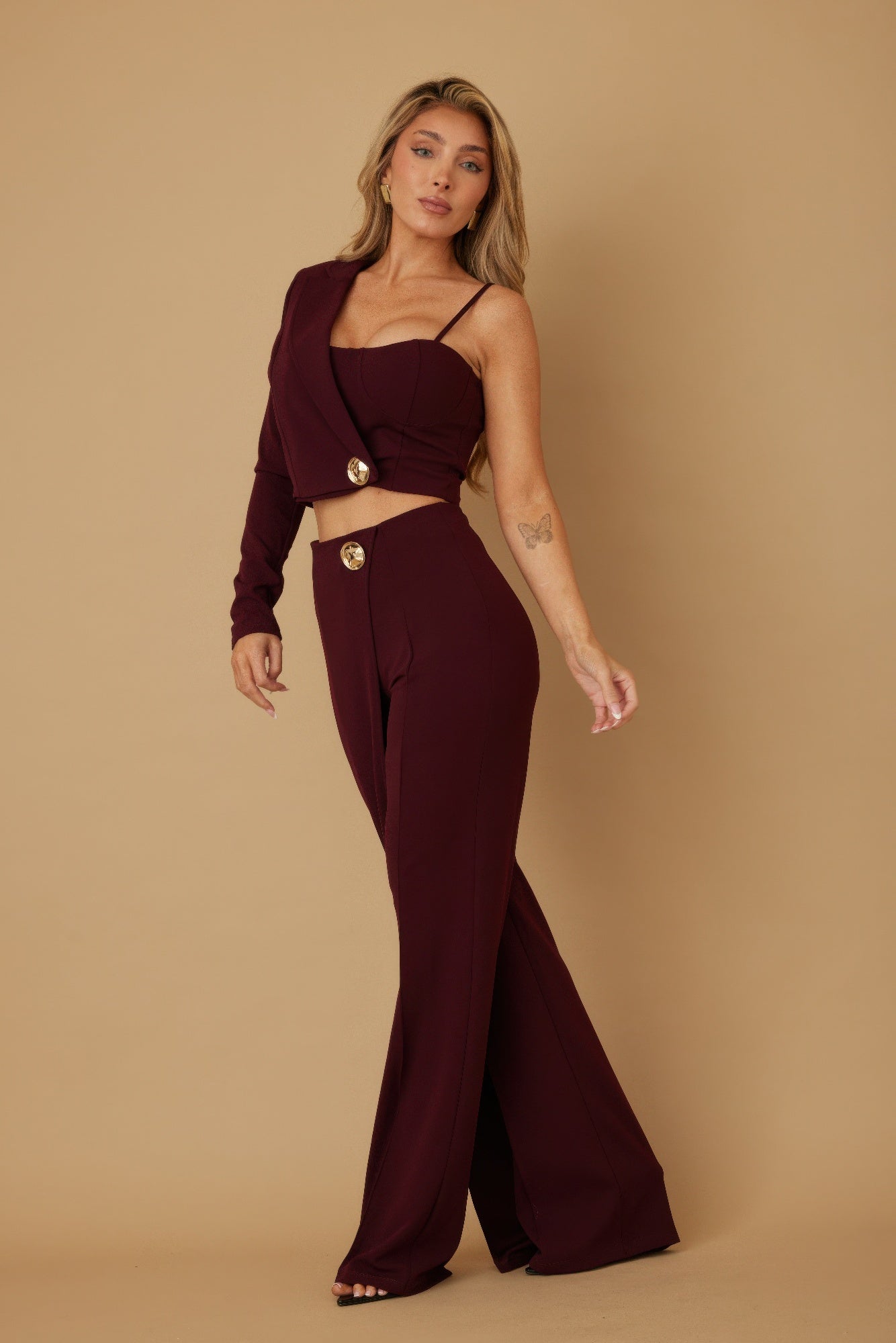 Wine long wide-leg trousers with one-shoulder top and cropped blazer button closure