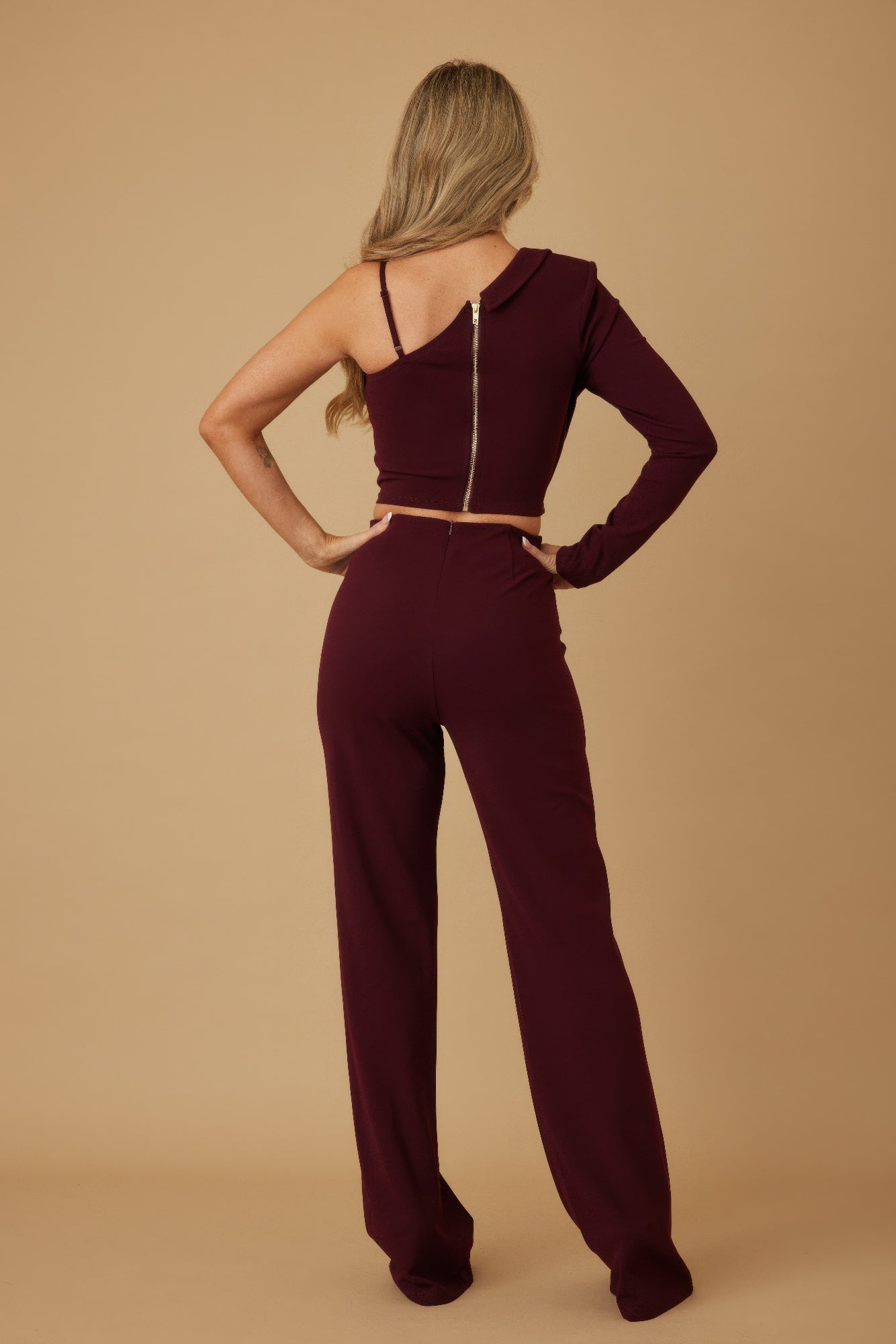 Wine two-piece set: backless camisole crop with long sleeve, high-waist wide pants