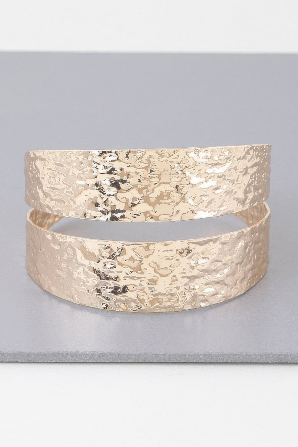 Hammered double wrap cuff bracelet, gold tone, two stacked bands