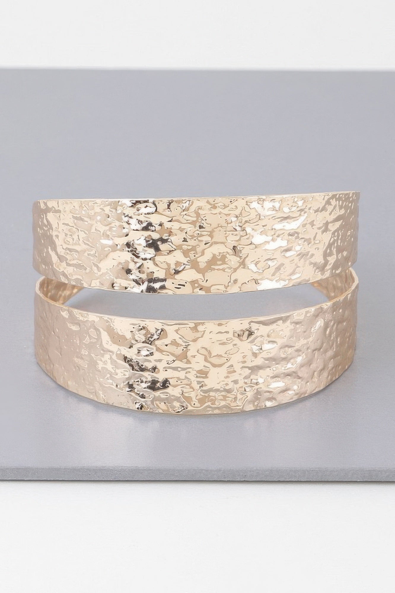 Hammered double wrap cuff bracelet, gold tone, two stacked bands