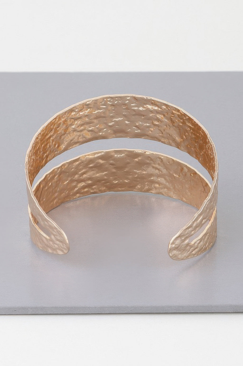 Hammered double wrap cuff bracelet, gold tone open cuff with rounded ends