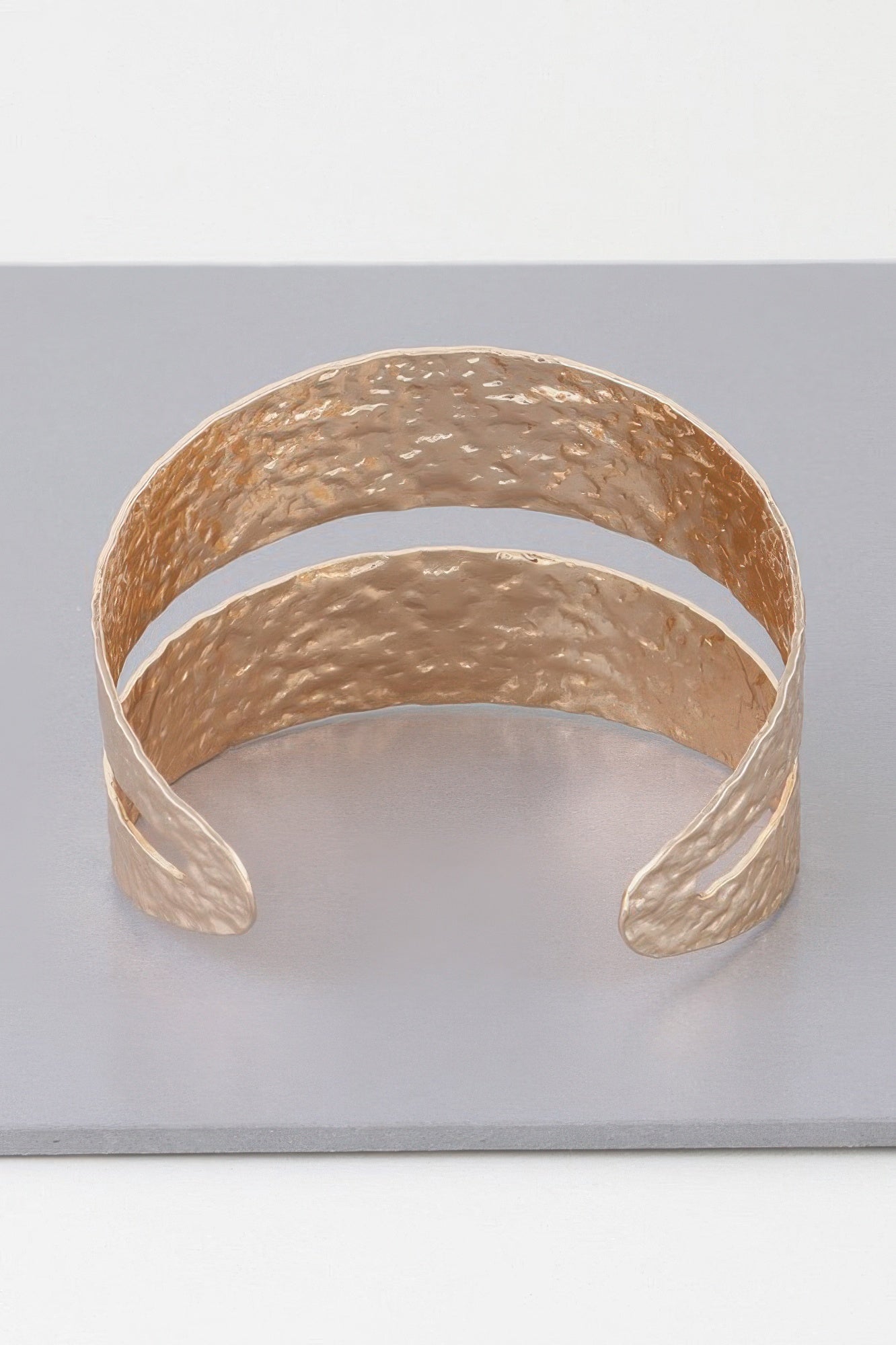 Hammered double wrap cuff bracelet, gold tone open cuff with rounded ends