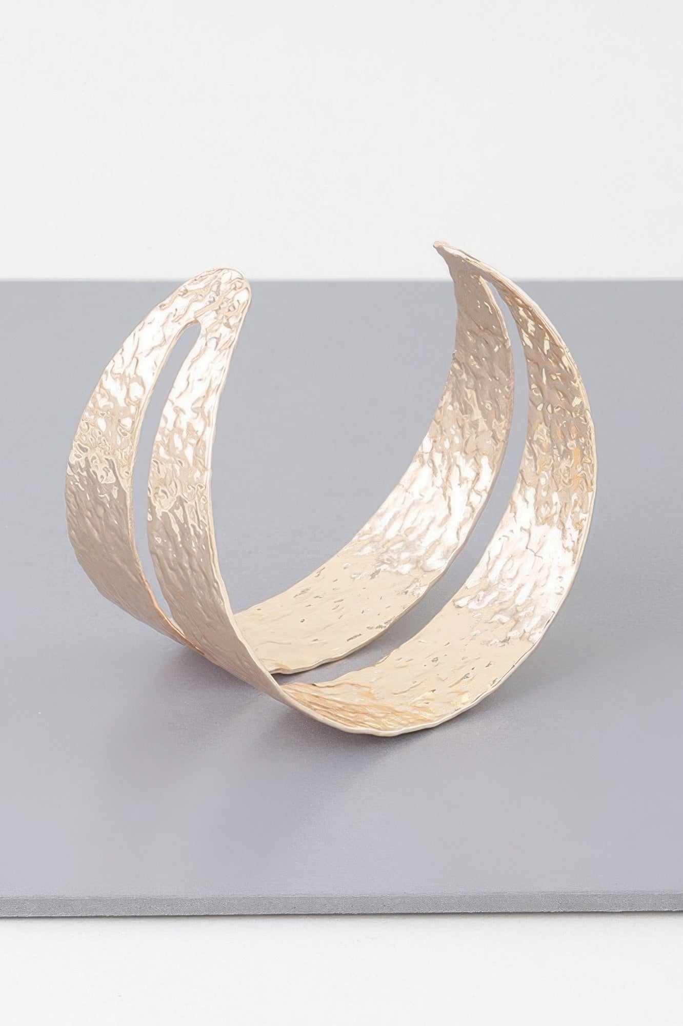 Hammered double wrap cuff bracelet, gold tone wide cuff with curved inner edge