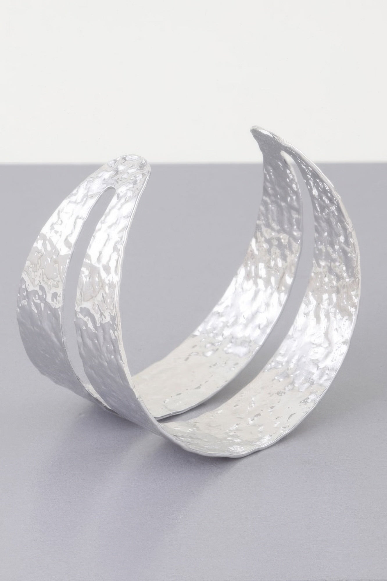 Hammered double wrap cuff bracelet, silver tone open wide cuff with curved inner edge