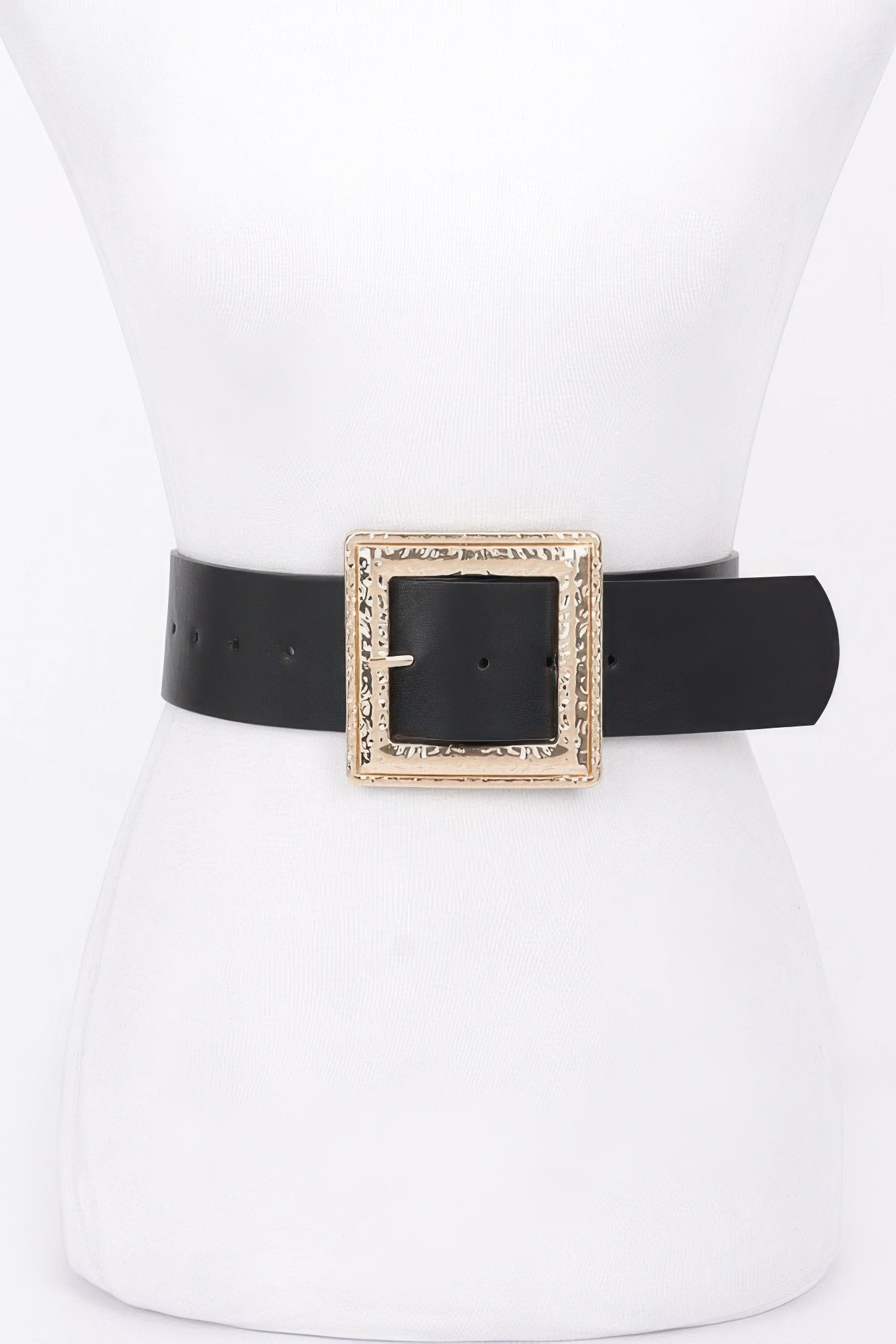 Black stretch belt with hammered gold square buckle and black center plate
