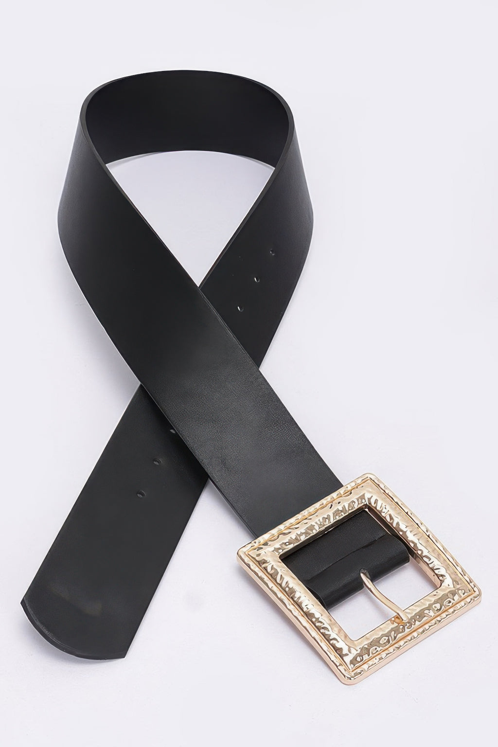 Black stretch belt with gold-toned square buckle, angled view
