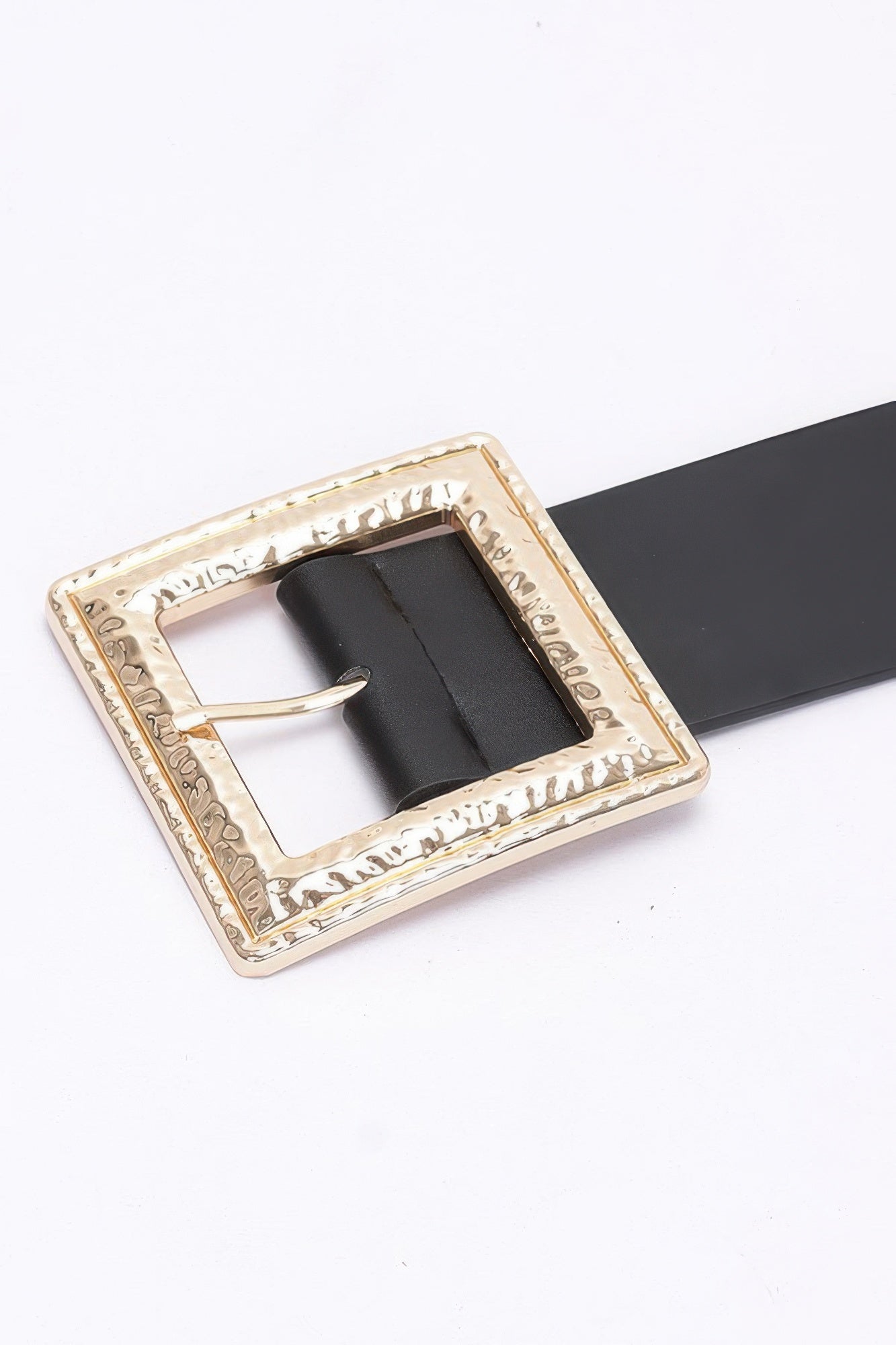 Gold-toned hammered square buckle with black center on stretch belt