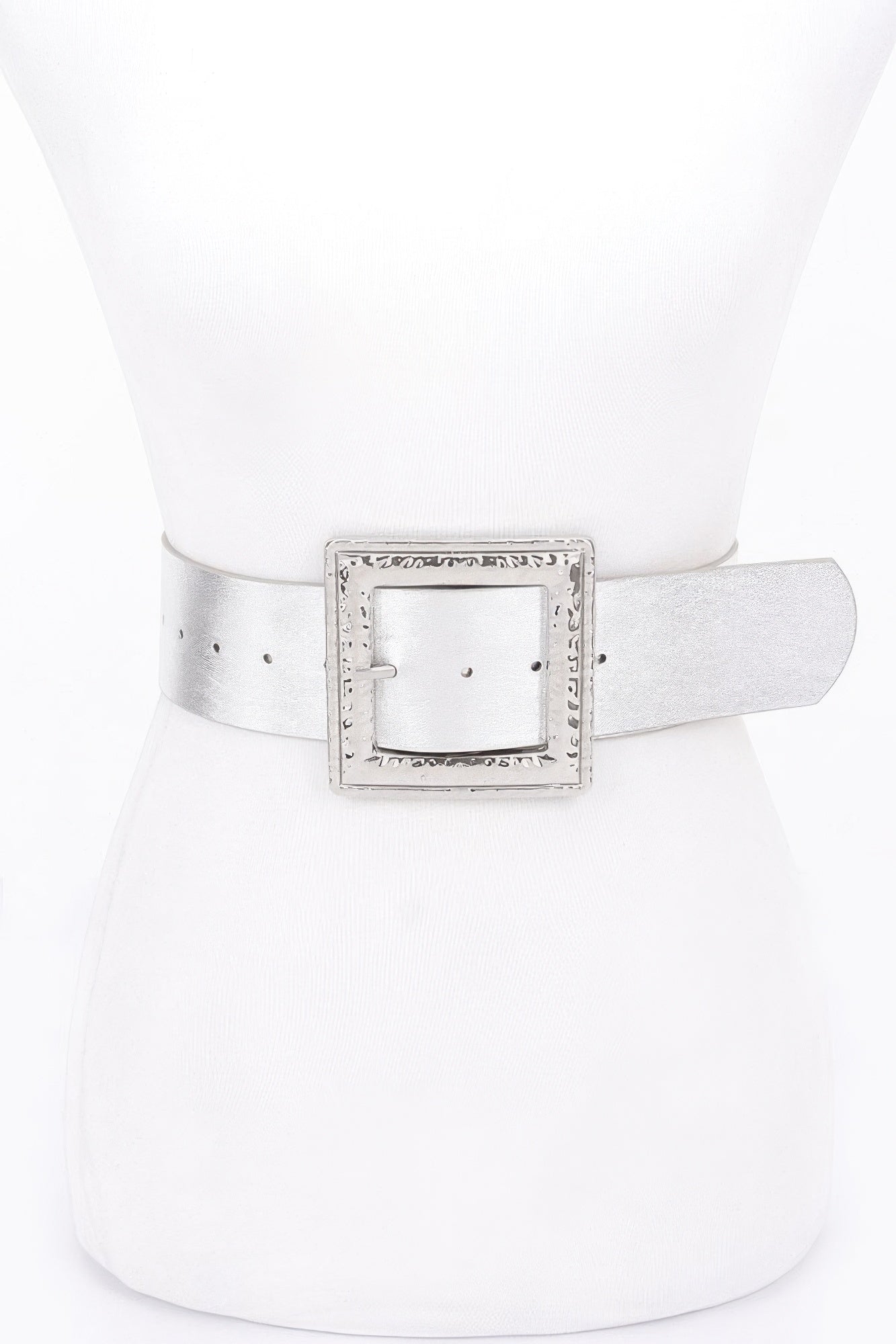 Silver-toned stretch belt with hammered silver square buckle and black strap insert
