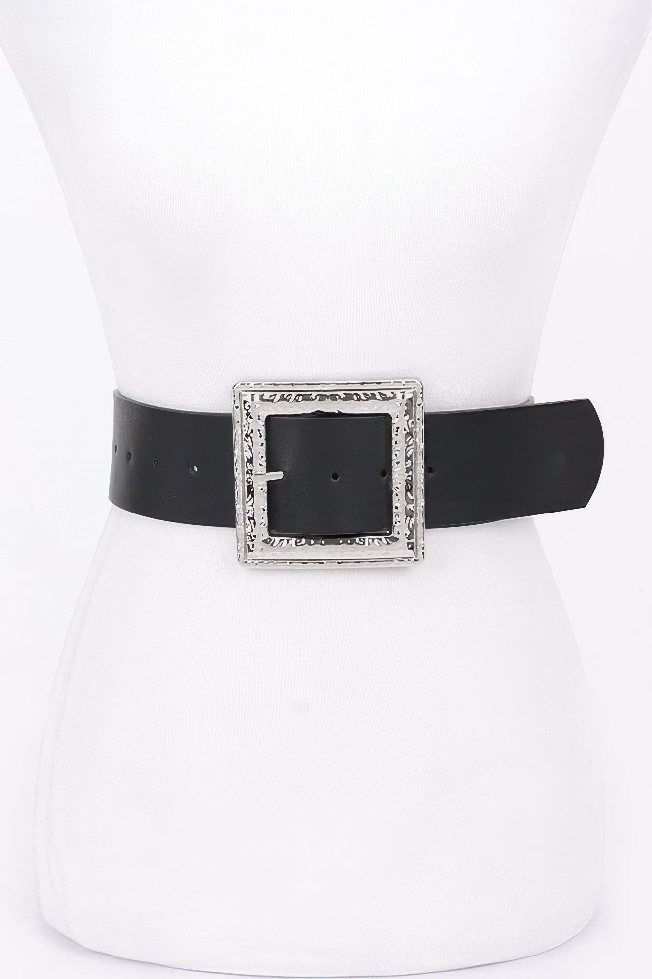 Black stretch belt with hammered silver square buckle and black center plate