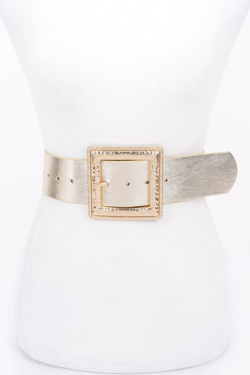 Silver-tone stretch belt with hammered gold square buckle and light center panel